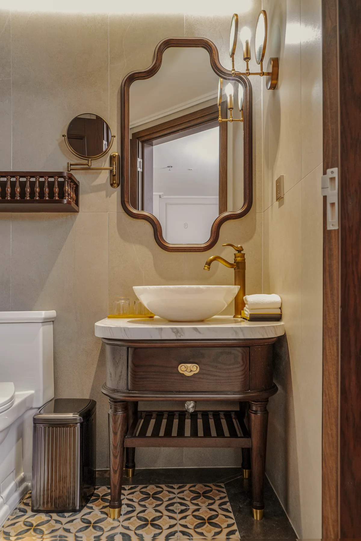 Guest bathroom with patterned floor